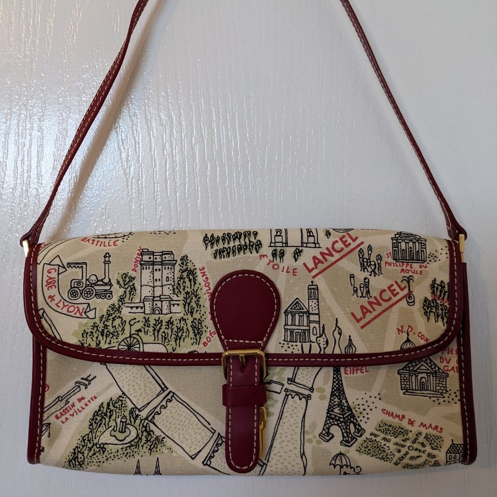 Lancel Beige and Burgundy Canvas Shoulder Bag
